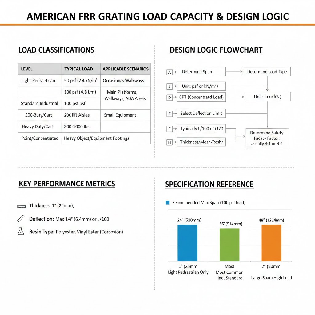 FRP grating load rating table example for industrial platform design in the USA FRP grating load rating table example for industrial platform design in the USA